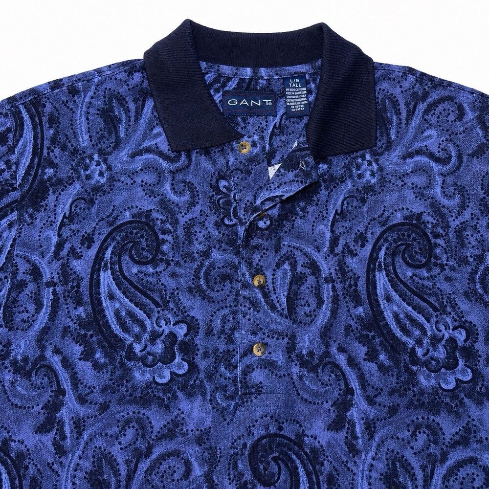 Vintage GANT Paisley Polo Shirt Men LT Tall Blue Black Cotton USA Islands - Picture 4 of 6
